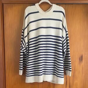 Madewell Navy Blue & Cream Ribbed Knit Crewneck Sweater Preppy Nautical Coastal
